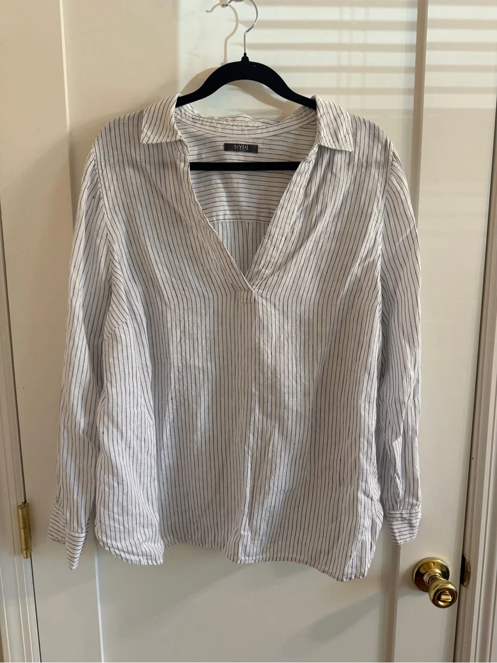 NYDJ White and Blue Linen Striped Button-Down Shirt - Picture 2 of 4